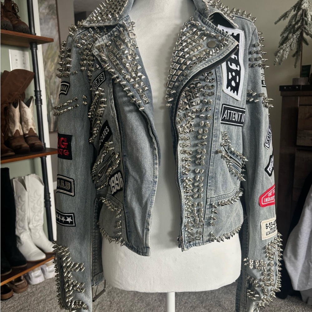 Studded Light Wash Denim Biker Jacket - Women's